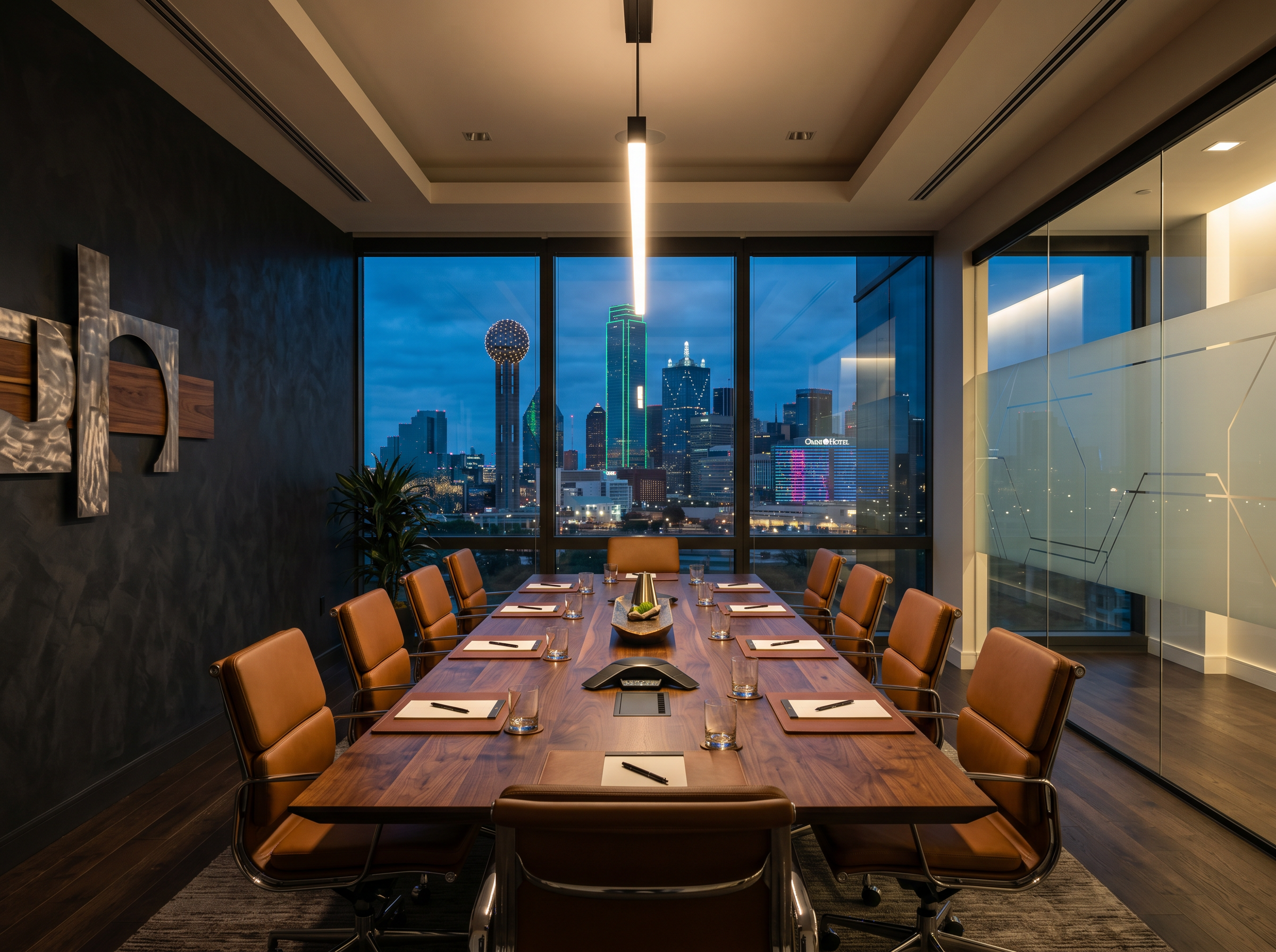 Custom walnut boardroom with leather seating and Dallas skyline view at dusk