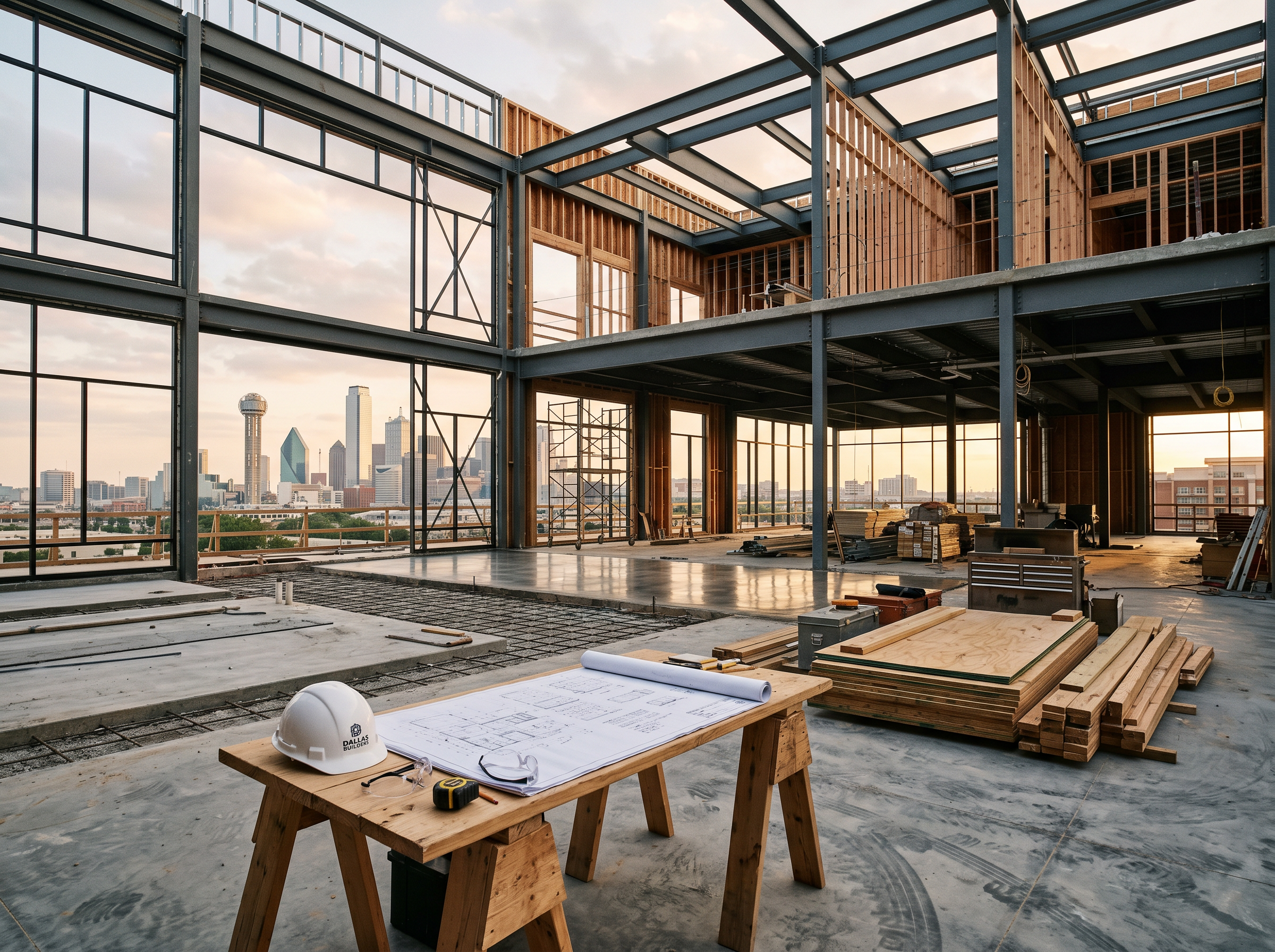 Commercial construction site at dusk with steel framing and architectural drawings