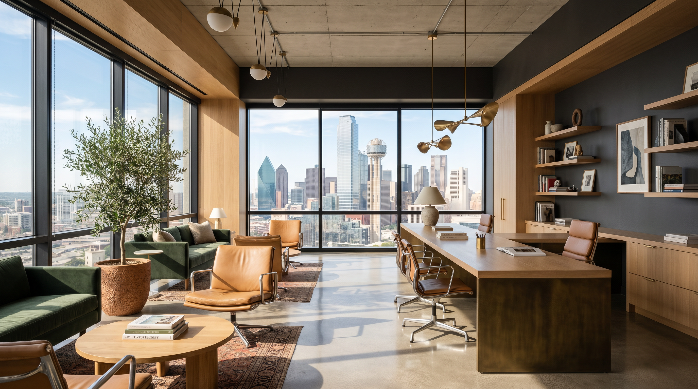 Sophisticated Dallas commercial office interior with floor-to-ceiling windows overlooking downtown