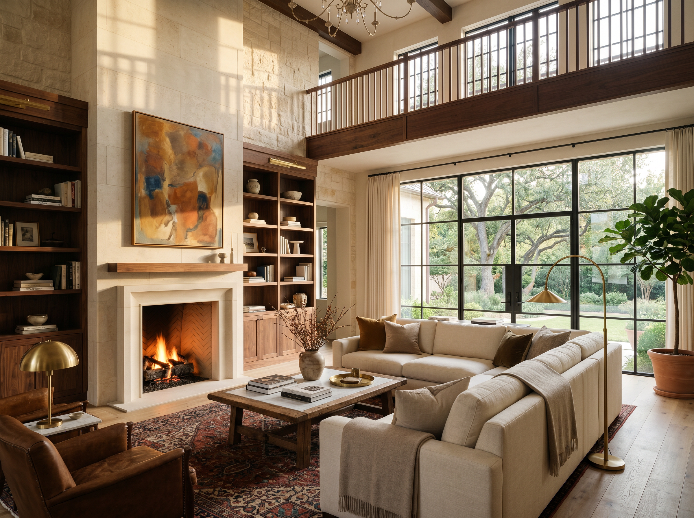 Luxury Dallas residential interior with limestone fireplace and walnut built-ins